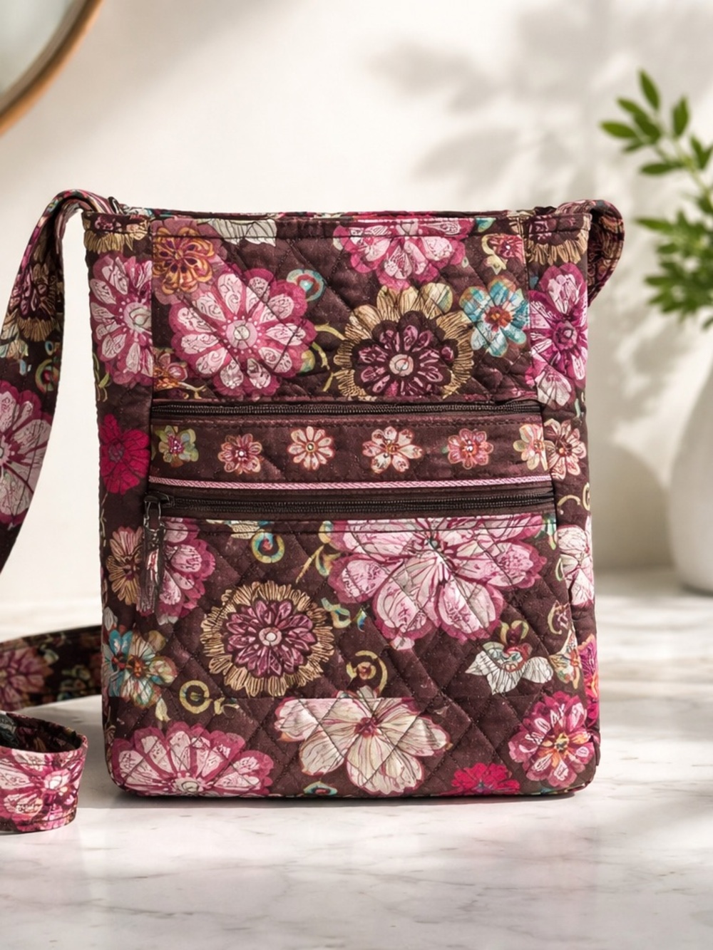 Vera Bradley Brown Floral Quilted Crossbody Bag with Pink Accents